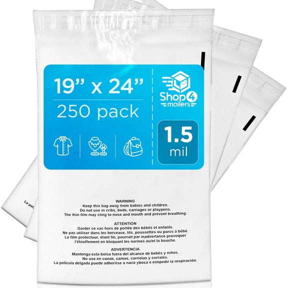250 Pack 19x24 Clear Self Seal Poly Bags, 1.5 Mil Resealable with Suffocation Warning, FBA Packaging, Clothing Storage, Shipping Bags for Small Business, Clear