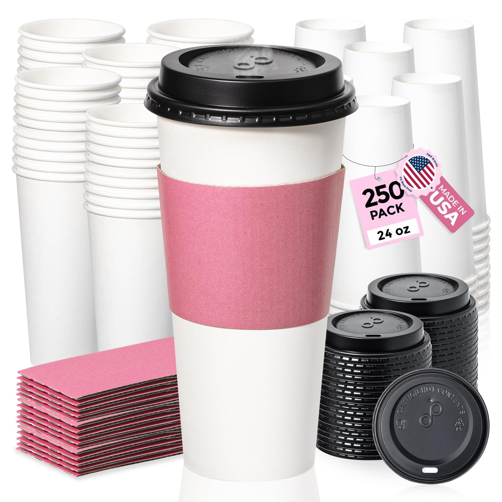 250 Pack 24 oz Disposable Coffee Cups with Lids and Pink Sleeves ...