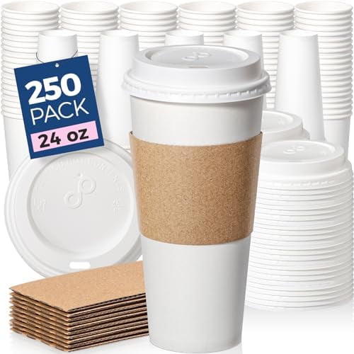 250 Pack 24 oz Disposable Coffee Cups with Lids, Sleeves, Leak-Proof To Go Coffee Cups with Lids, Durable Hot Paper Cups for Home, Office, Party, Business