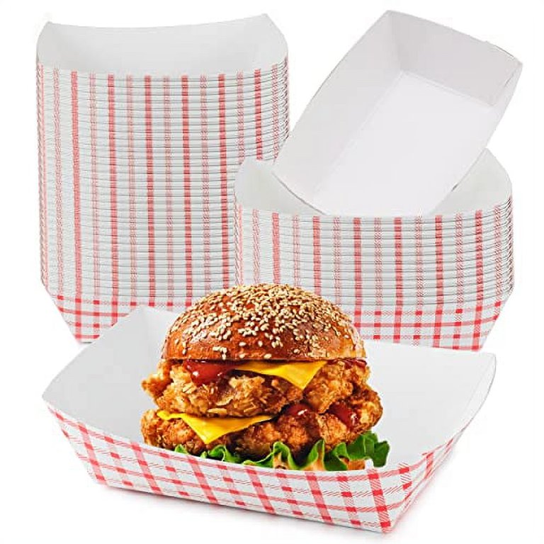 2 lb Heavy Duty Disposable Red Check Paper Food Trays Grease Resistant Fast Food Paperboard Boat Basket for Parties Fairs Picnics Carnivals, Holds