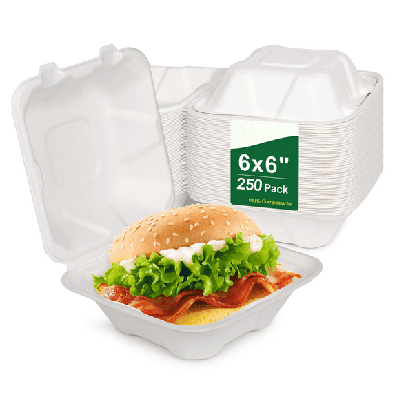 250 Pack 6x6 Inch Compostable Clamshell To Go Food Containers with lids,Disposable Take Out Food Containers, Heavy-Duty To Go Boxes Eco-Friendly Biodegradable