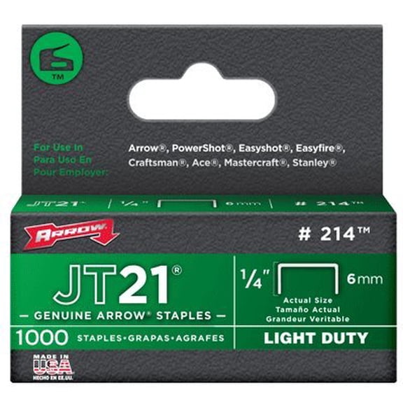 250 Pack Arrow Fastener 214 JT21 1/4" Flat Crown Light Duty Staples 1000 per Package