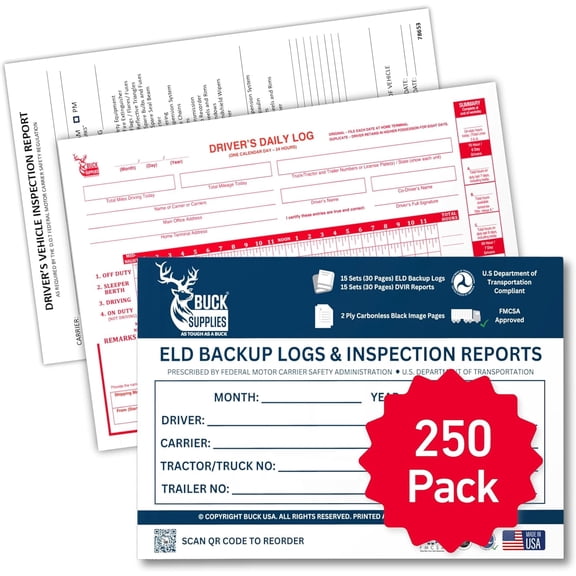 250 Pack Buck ELD Backup Driver Log Book with Detailed Driver Vehicle Inspection Report & Daily Recap - 2-Ply Carbonless, 5.5" x 8.5", 15 Sets of Forms Per Book, FMCSA Compliant with Easy Tear-Out