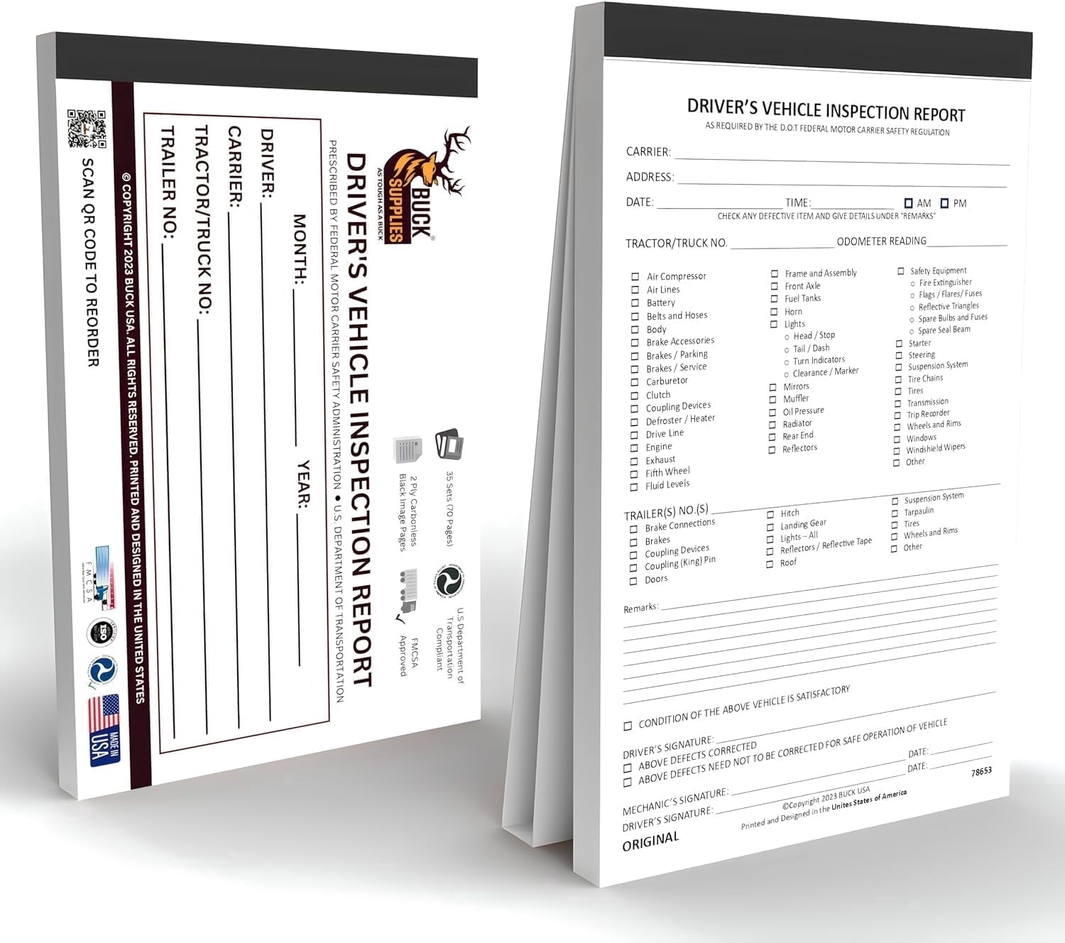 Dvir Form.pdf 250 Pack Detailed Driver Vehicle Inspection Report Book - 2-Ply ...