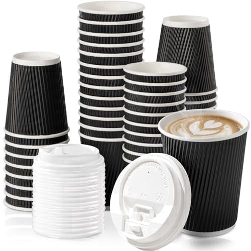 12 Oz Ripple Kaffeebecher Aus Pappe – Dreifach Isoliert, Schwarz, Perfekt Für Heiße Getränke