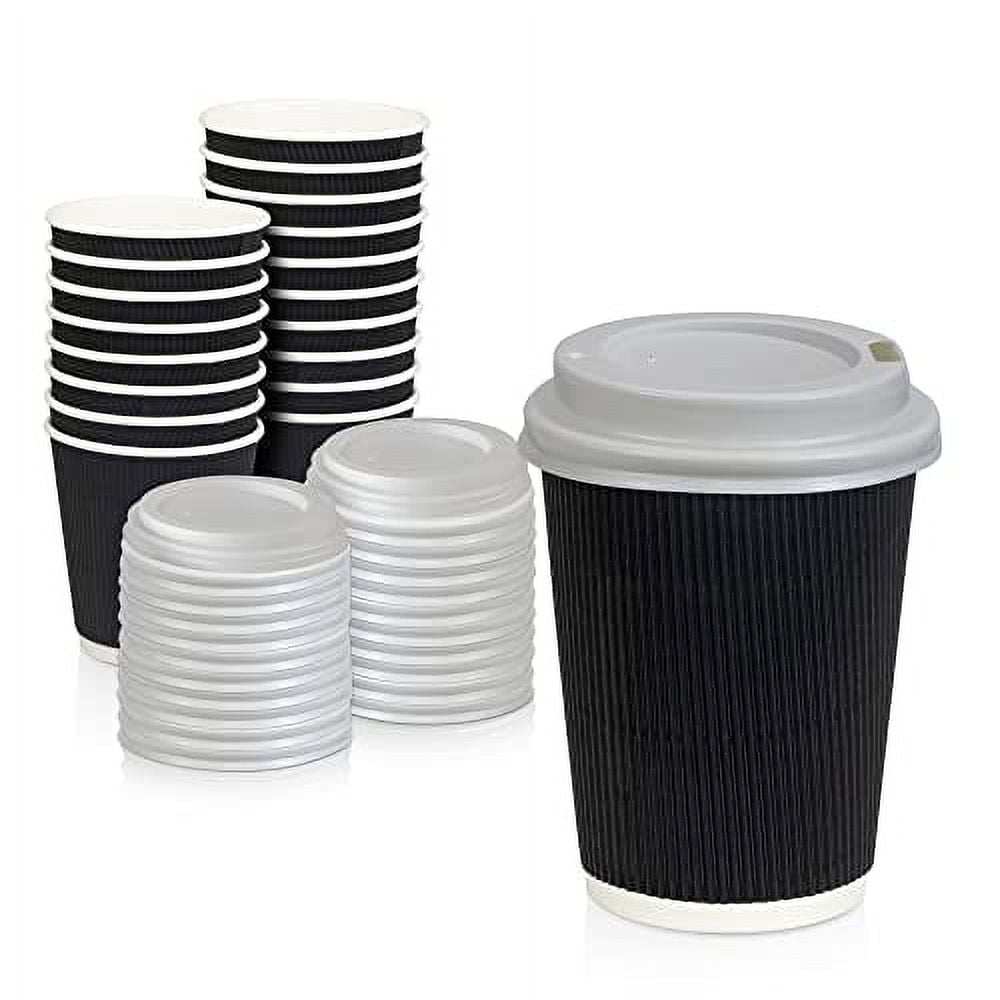 [250 Pack] Disposable Hot Cups with Lids - 12 oz Black Double Wall ...