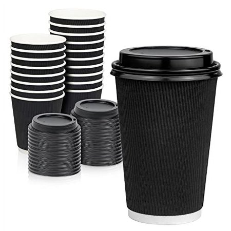 [250 Pack] Disposable Hot Cups with Lids - 16 oz Black Double Wall Insulated Ripple Sleeves Coffee Cups with Black Dome Lid - Kraft Paper Cup for To Go Chocolate, Tea, and Cocoa Drinks