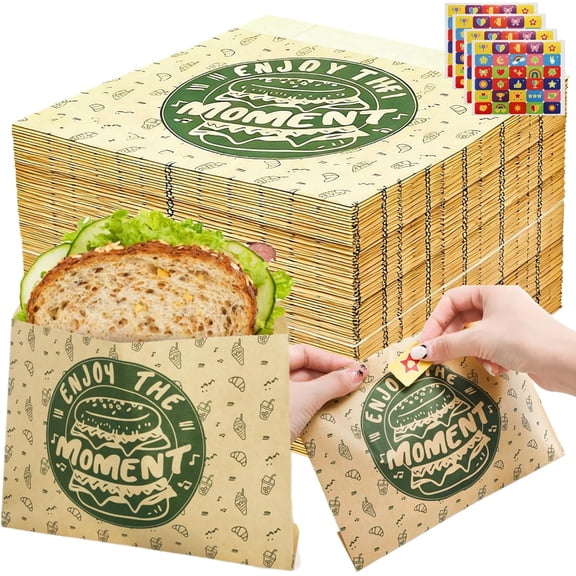 250 Pack Paper Sandwich Bags with Stickers, 8 x 6.5 Inch Greaseproof Thick Paper Snack Bag, Food Grade Small Brown Cookie Bags, Dry Waxed Pastry Bag for Lunch, Cookies, French Fries, Pretzel