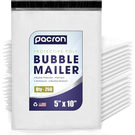 Pacron Poly Bubble Mailers 5x10 inch 250-Pack - Waterproof Self-Sealing Thick Padded Envelope for Shipping - Durable Shipping Envelopes for SD Cards, USB Cables & Cosmetics