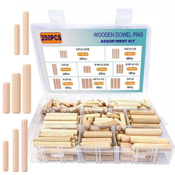 250 Pcs 8 Size Wooden Dowels 1/4'' 5/16'' 3/8'' Wooden Dowel Pins Hardware Pins Fluted Wood Dowels for Crafts Furniture Woodworking DIY Crafts