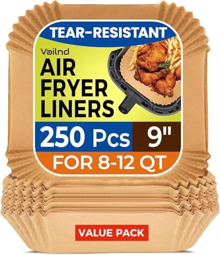 250 Pcs 9" Square Air Fryer Liners Disposable, Unbleached Parchment Paper Liners for Airfryer Basket, Non-Stick & Leakproof Baking Paper for Oven Roasting