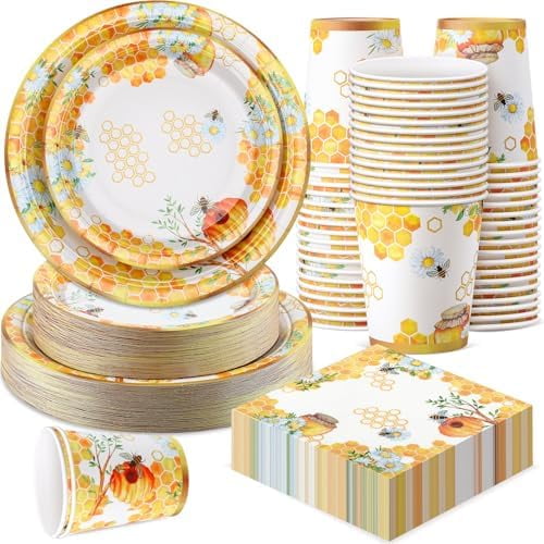 250 Pcs Bee Party Disposable Tableware Set Paper Plates and Napkins Cups Supplies Tea Party Theme Dinner Dinnerware for Birthday Bridal Baby Shower wedding Decoration Serves 50