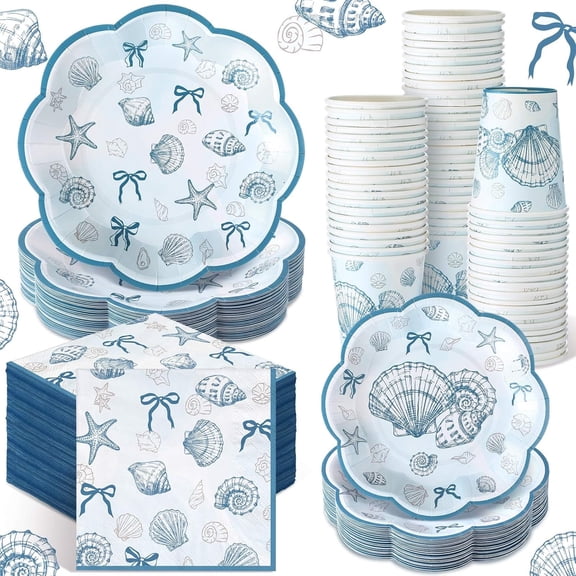 250 Pcs Blue and White Seashell Design Disposable Tableware Set for Coastal Party