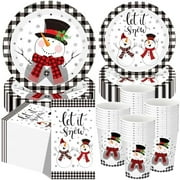 250 Pcs Christmas Snowman Paper Plates and Napkins Party Supplies Blue White Buffalo Plaid Winter Disposable Tableware Set for Christmas Winter Holiday Xmas Party Decoration