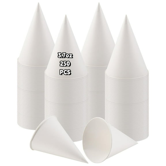250 Pcs Cone Water Cups, 3.7oz Disposable Dispenser Paper Snow Cups for Shaved Ice, Office Water Cooler, Sports Teams or Fundraisers, Craft Funnels for Oil or Protein Powder Drinks, White