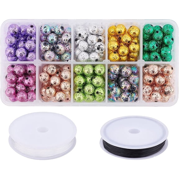 250 Pcs Electroplated Natural Lava Beads Strands 2 Rolls Elastic Thread 10 Colors Round Beads DIY