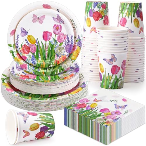 250 Pcs Party Disposable Tableware Set Paper Plates and Napkins Cups Supplies Tea Party Theme Dinner Dinnerware for Birthday Bridal Baby Shower wedding Decoration Serves 50 (Tulip)