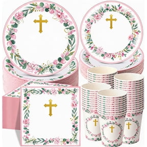250 Pcs Pink First Communion Disposable Tableware Set for 50 Guests Includes Plates Cups and Napkins