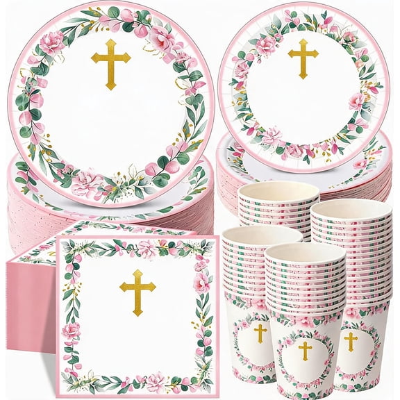 250 Pcs Pink First Communion Disposable Tableware Set for 50 Guests Includes Plates Cups and Napkins