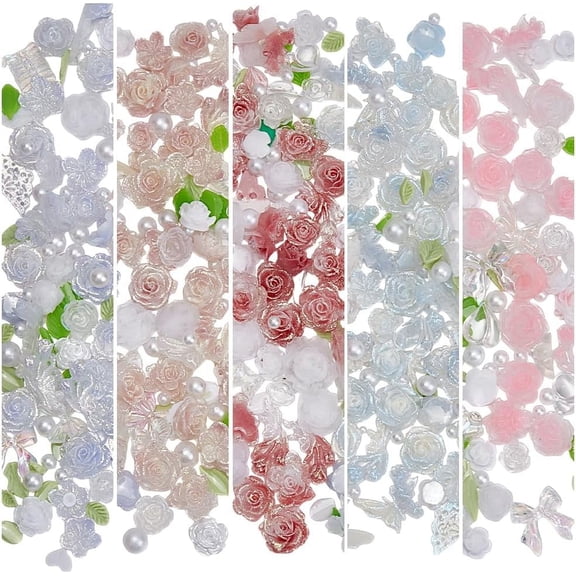 250 Pcs Rose Nail Cabochons Decoration 5 Styles Flower Resin Cabochons Fillers Flat Back Nail Art Decoration for Women DIY Phone Wedding Decor Nail Art for making