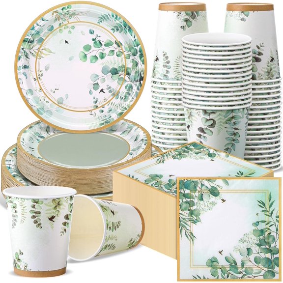 250 Pcs Sage Party Disposable Tableware Set Paper Plates and Napkins Cups Supplies Tea Party Theme Dinner Dinnerware for Birthday Bridal Baby Shower Wedding Decoration Serves 50