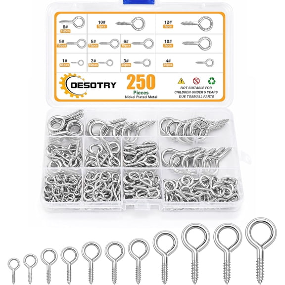 250 Pcs Screw Eye Bolt Assortment Pack, 9 Assorted Sizes, Nickel Plated, 0.75-1.75 Inch