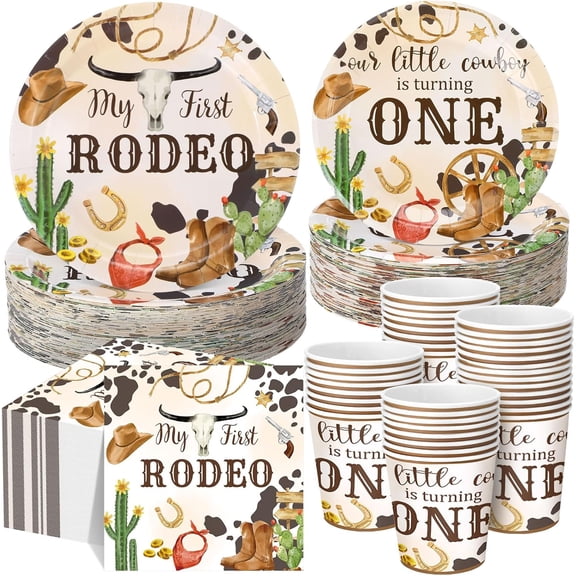 250 Pcs Western Cowboy Themed Disposable Tableware Set Including Plates Cups Napkins for 1st Birthday Party