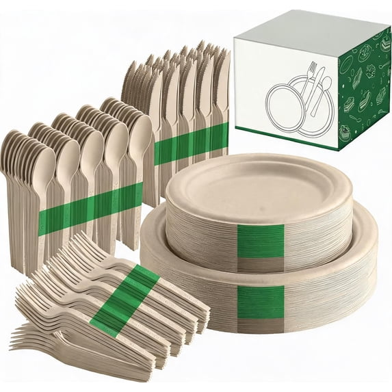 250 Piece Biodegradable Paper Plates and Bowls Set Compostable 7 Inch and 9 Inch Brown Disposable Dinnerware with Forks Knives and Spoons