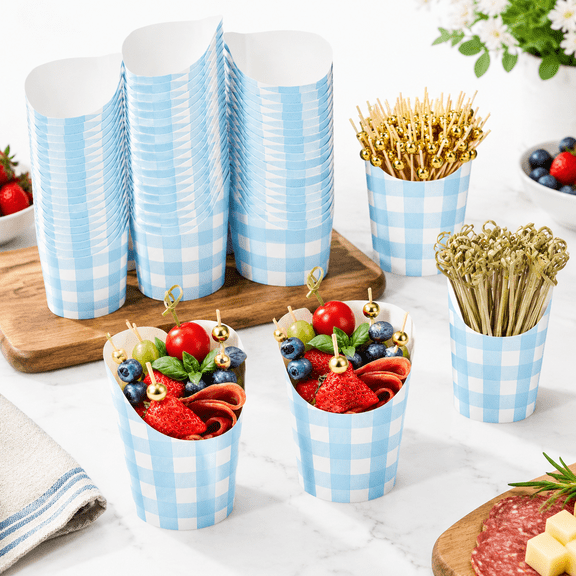 250-Piece Blue Gingham Charcuterie Serving Set with 14 Oz Cups and Cocktail Picks