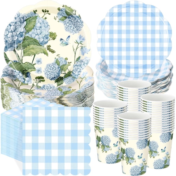250-Piece Blue and White Hydrangea Floral Gingham Disposable Paper Plates, Cups, and Napkins Set