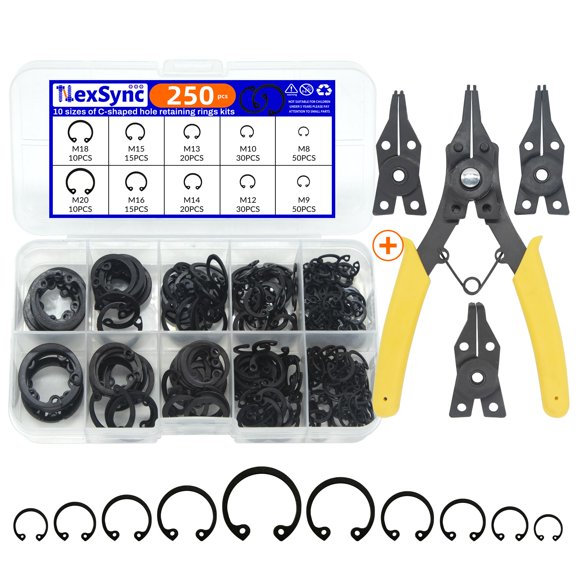 250-Piece C-clip Internal Retaining Rings, Snap Rings Assortment Kit(M8-M20), 1x Spring Tool Pliers with Extra 3 Convertible Jaws