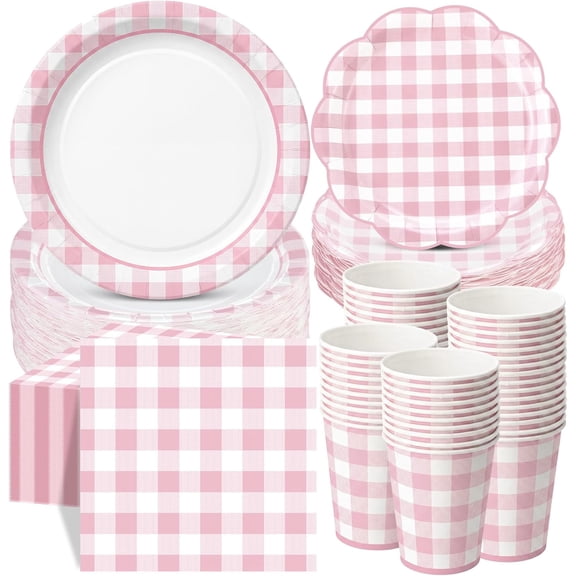 250-Piece Pink and White Gingham Paper Plates Cups and Napkins Set