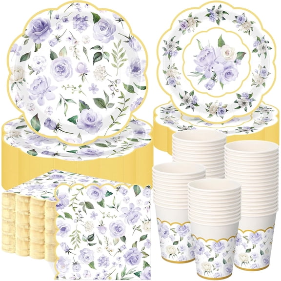 250-Piece Purple and Gold Floral Disposable Tableware Set  Paper Plates, Cups, and Napkins for Bridal Shower, Wedding, or Tea Party