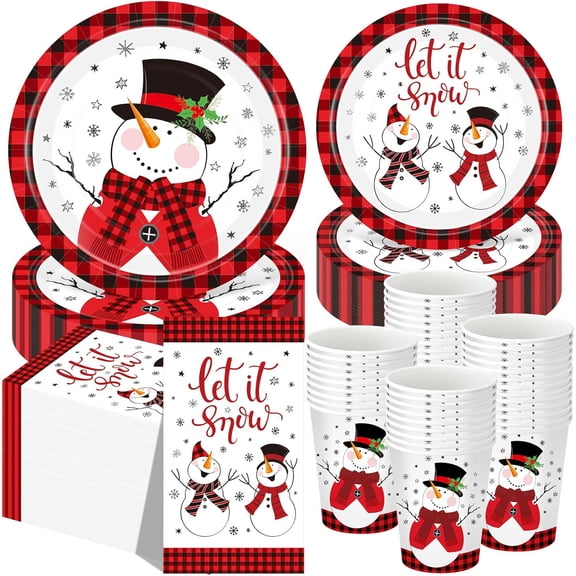 250-Piece Winter Snowman and Red Black Buffalo Plaid Disposable Paper Plates Cups and Napkins Party Set