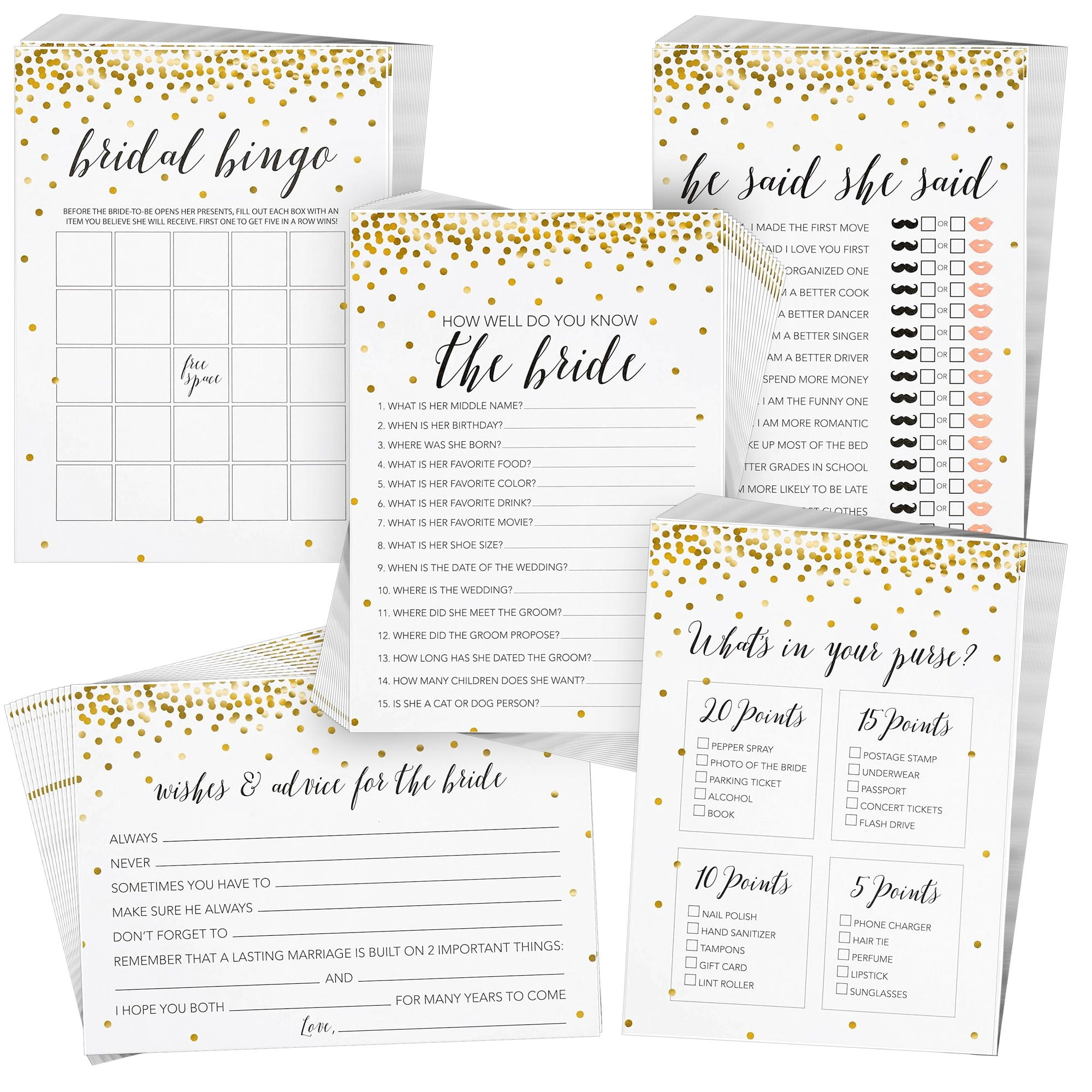 250 Pieces Bridal Shower Games for 50 Guests with Bingo Cards, He Said She Said Bridal Shower Games, Wedding Advice for Bachelorette, Celebrations (Gold)
