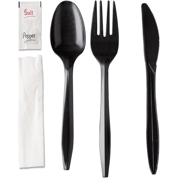 250 Plastic Cutlery Packets - Knife Fork Spoon Napkin Salt Pepper Sets | Black Silverware Sets Individually Wrapped Kits, Bulk Plastic Utensil Cutlery Disposable To Go Silverware