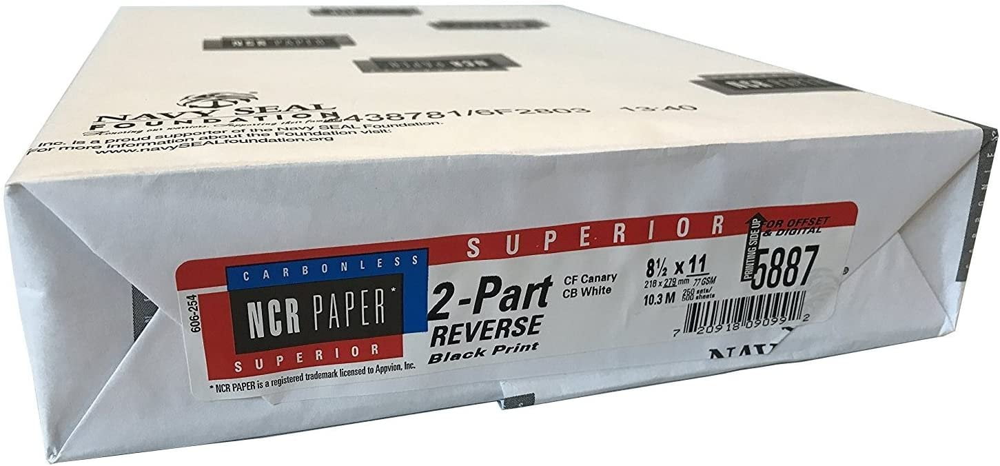 250 Sets, NCR Paper, 5887, Collated 2 Part White, Canary, Letter Size Carbonless Paper Appleton