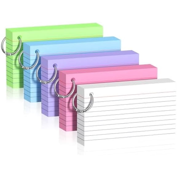 250 Sheets Colored Index Cards with Ring 3 x 5 Inch Heavyweight Ruled Flash Cards, Flashcards with Ring for School & Office Supplies and Home Organization, Durable Study To Do List Lined Note Cards