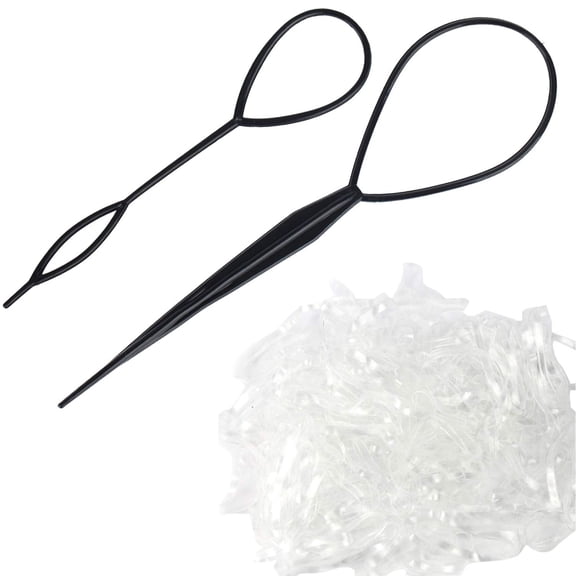 250 Transparent Clear Small Elastic Rubber Bands and 2 Ponytails Makers with Loops - Hair Tools and Hairbands Set