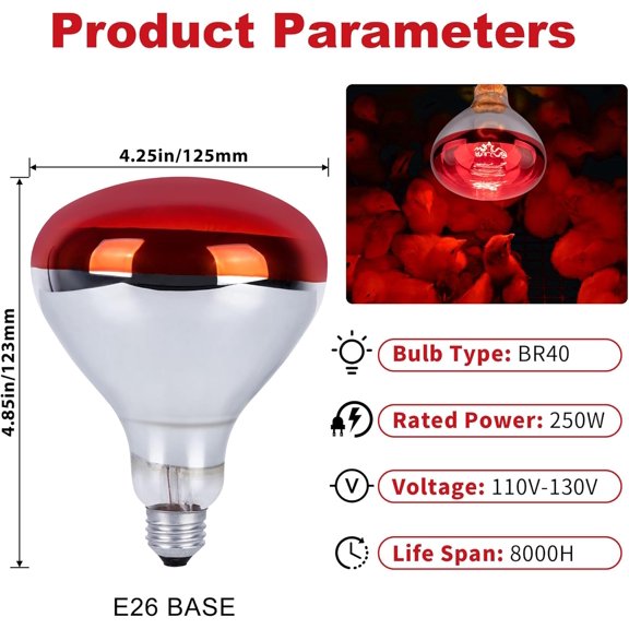 250 Watt Red Heat Lamp Bulbs, Chicken Infrared Incandescent Light Bulb, Brooder Heat Lamps for Chickens, Chicks, Reptile, Pets, Coop, Poultry, Food, Bathroom, Ceiling, E26 Base - 2 Pack