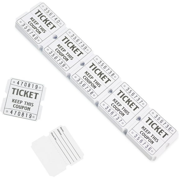 250 White Raffle Tickets, 50/50 Raffle Tickets, Double Tickets for Festivals, Carnivals, School Events, Baby Showers, Summer Parties