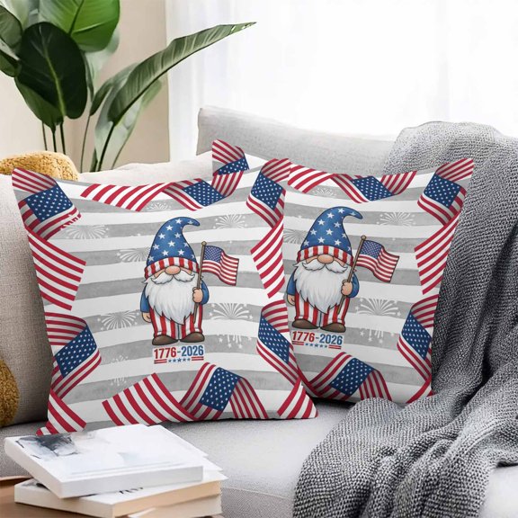 250 Year American Anniversary Flag Throw Pillow Covers 26x26 Inch Set of 2, Grey Striped Gnomes Fireworks Waterproof Outdoor Pillow Covers, Decorative Cushion Pillowcases for Couch Sofa Bed Patio