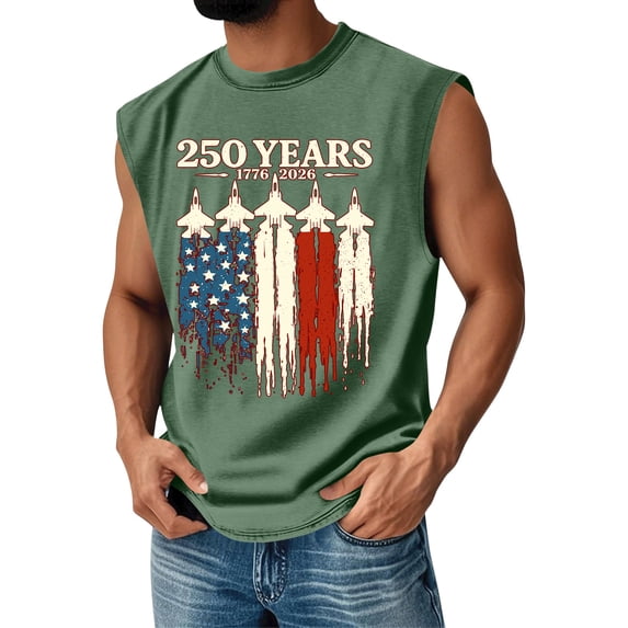 Mens Tank Tops 250 Celebration Patriotic Star USA Flag Print Crew Neck Sleeveless T Shirts Big and Tall Classic Fit Comfy Workout Tee, Army Green, #01 Army Green
