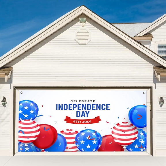 250 Years 4th of July USA Patriotic Garage Door Banner 7x16 Ft Independence Day Red White Blue Garage Backdrop Anniversary Memorial Photo Background with Stars and Stripes Balloons and Streamers(A)