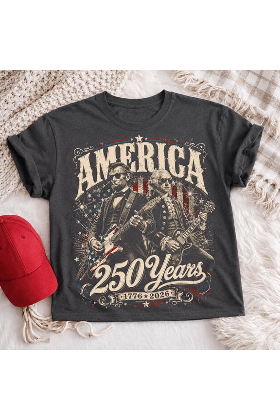 250 Years America Anniversary Shirt George Washington & Lincoln Playing Guitar Tshirt Funny 4th of July Abe Lincoln 250th Tee