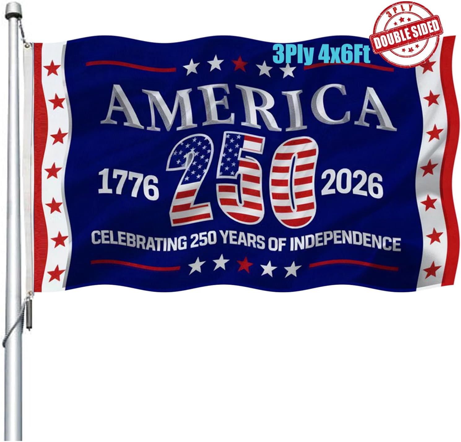 250 Years America Flag Double Sided 4x6 Outdoor-3 Ply Heavy Duty 1776-2026 250 Anniversary USA Commemorative Flag Celebrating 250 Years of Independence Banner with 2 Brass Grommets 4 Rows Stitched