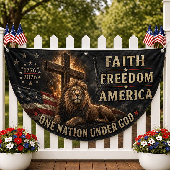 250 Years America Flag Patriotic Banner with Faith Freedom Lion Cross Design,american flag, usa flag, 4th of july flag, america 1776