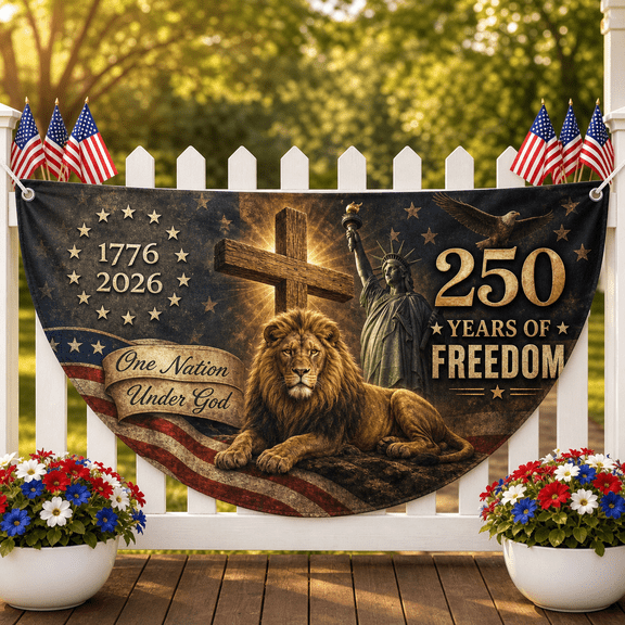 250 Years America Flag Patriotic Freedom Lion Cross Banner for USA Anniversary,american flag, usa flag, 4th of july flag, america 1776