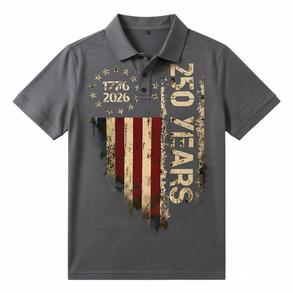 250 Years America Shirt, 1776-2026 Fourth Of July Cotton T Shirt Short Sleeve Polo Shirts Grey Size L
