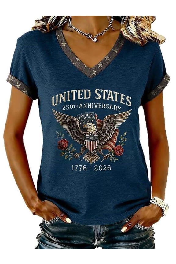 250 Years America Shirt for Women, 1776-2026 Freedom Graphic Tee, V Neck Short Sleeve Relaxed Fit Top for Independence Day July 4th